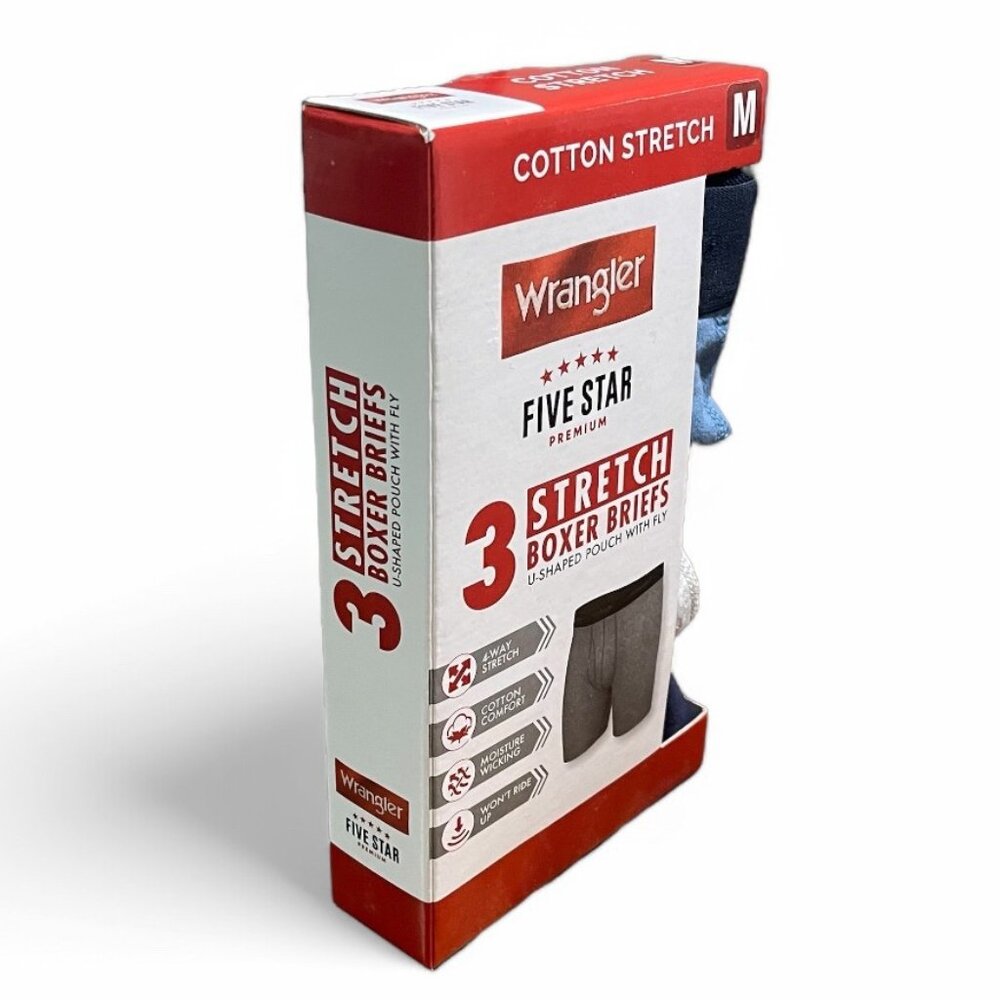 Wrangler Five Star 3-Pack Cotton Stretch Boxer Briefs, Size M, Navy, Gray, Blue - Picture 2 of 5